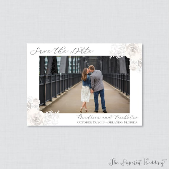 Printable OR Printed Photo Save the Date Cards Gray Floral | Etsy