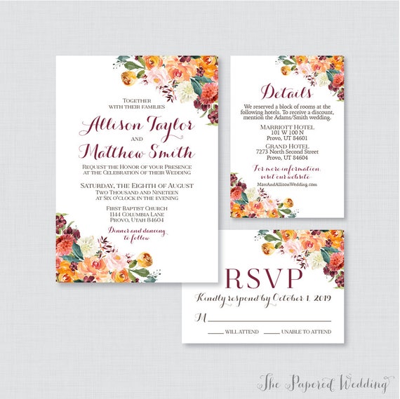 Printable Or Printed Wedding Invitation Suite Fall Floral Etsy