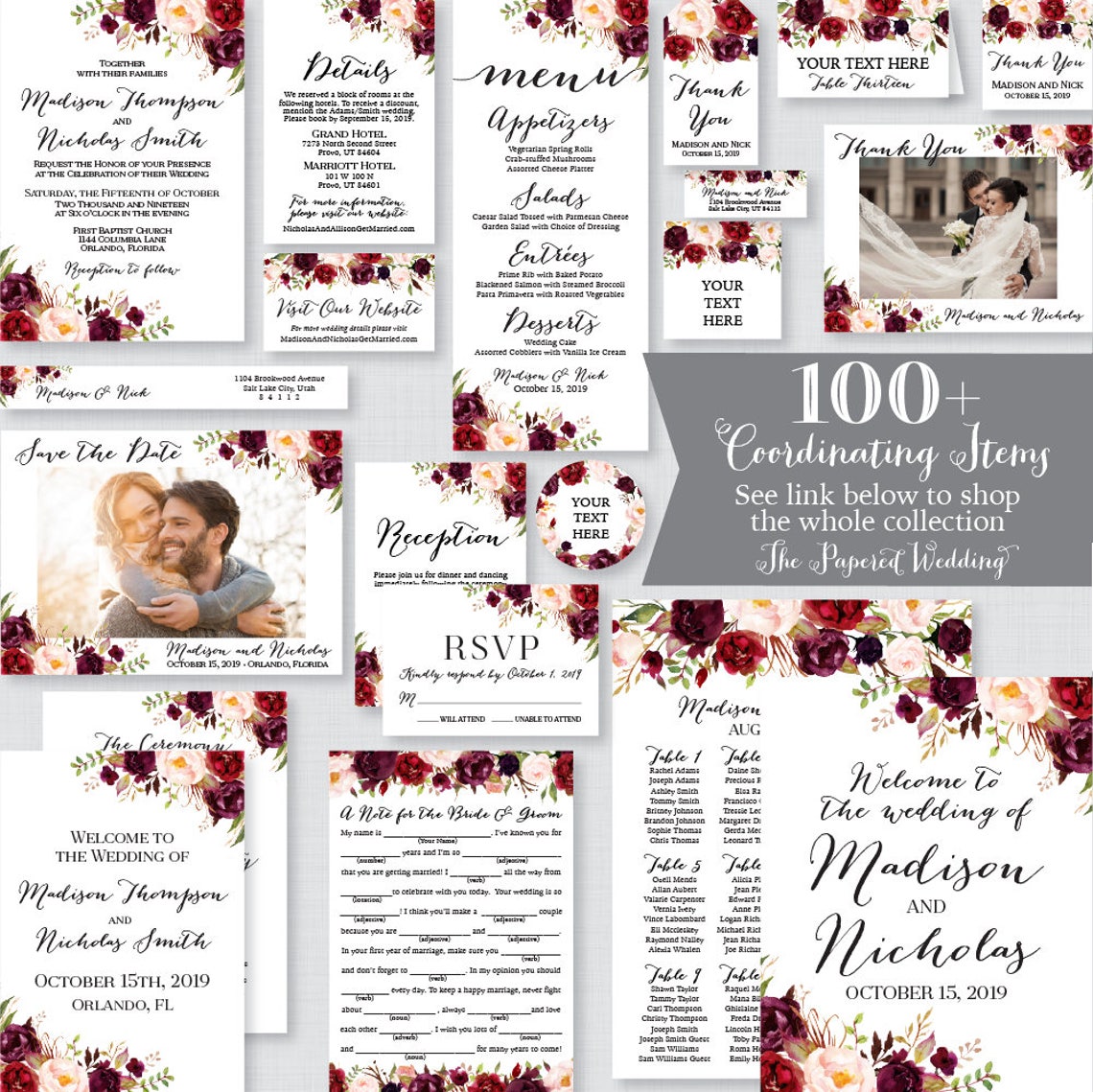 Printable OR Printed Wedding Invitations Marsala and Pink | Etsy