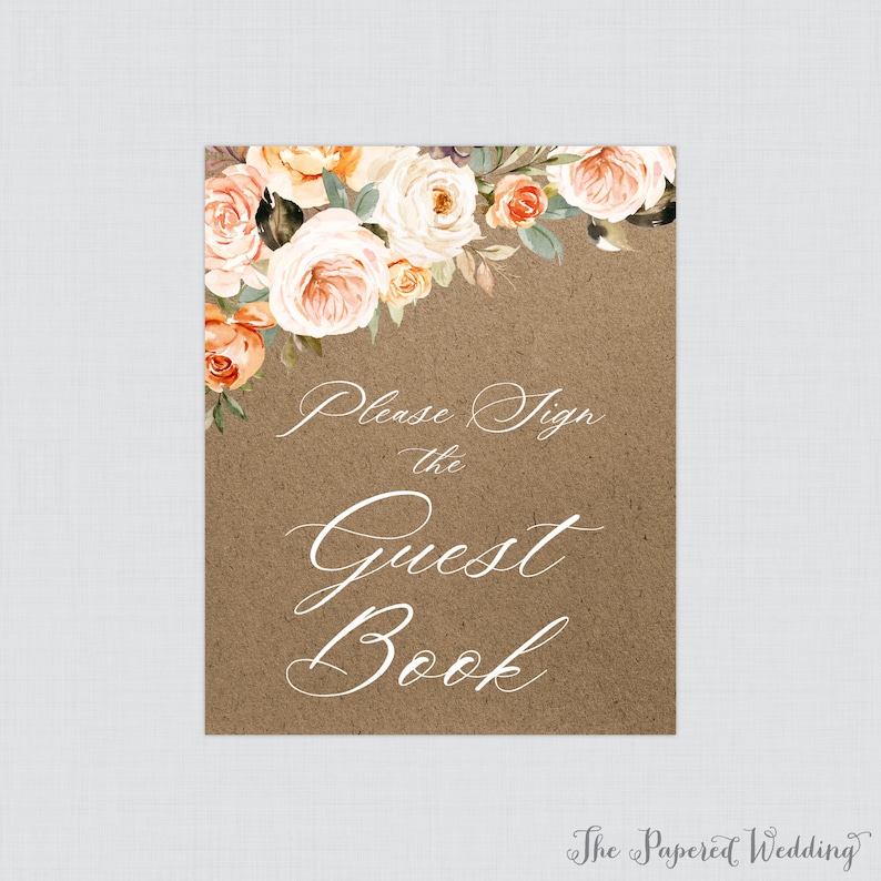 Rustic Autumn Fall Floral Sign 0028 Pink Flower Sign the Guest Book Sign Orange Printable Rustic Floral Wedding Guest Book Sign Kraft