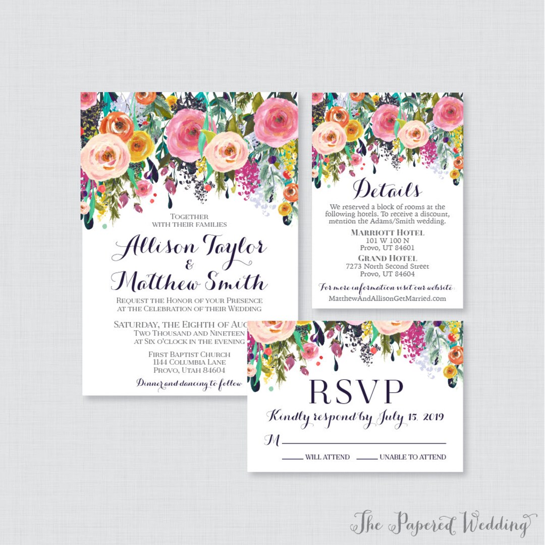 Printable OR Printed Wedding Invitation Suite - Floral Wedding ...