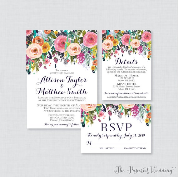 Printable OR Printed Wedding Invitation Suite Floral Wedding Invitation Package Shabby Chic Colorful Flower Wedding Invites 0003 B Etsy Ireland