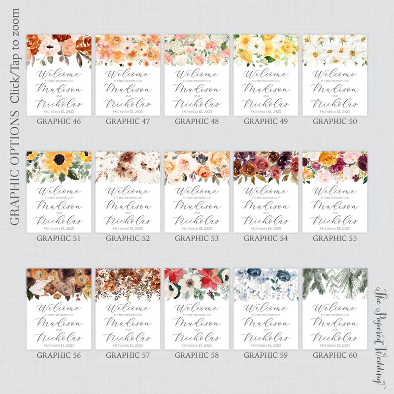 May include: A set of 60 wedding welcome sign graphics featuring various floral designs in shades of orange, yellow, pink, red, and purple. The signs feature the text "Welcome to the wedding of Madison and Nicholas" with the wedding date.