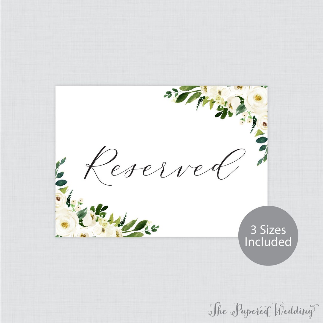 Printable Wedding Reserved Signs - White Floral Reserved Seating Sign ...