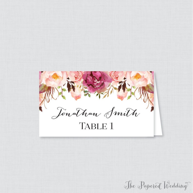 Printed Wedding Place Cards Pink Floral Wedding Table Place Etsy
