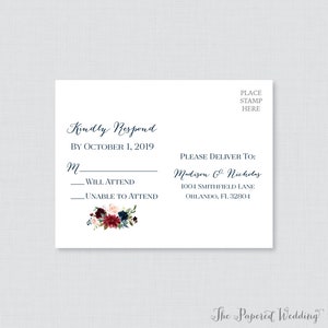 Printable OR Printed Wedding RSVP Postcards - Navy and Marsala Floral ...