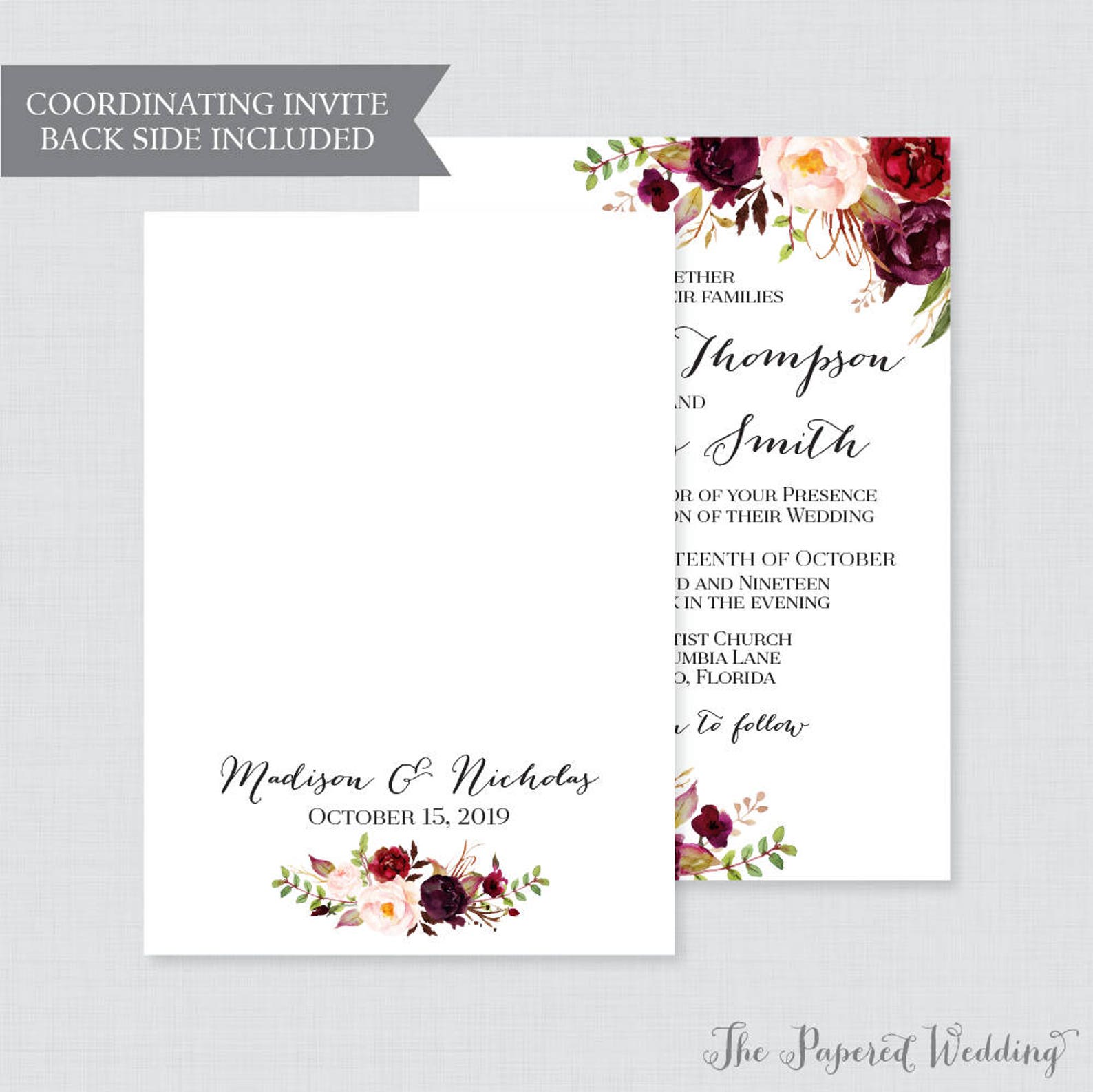 Printable OR Printed Wedding Invitations Marsala and Pink - Etsy
