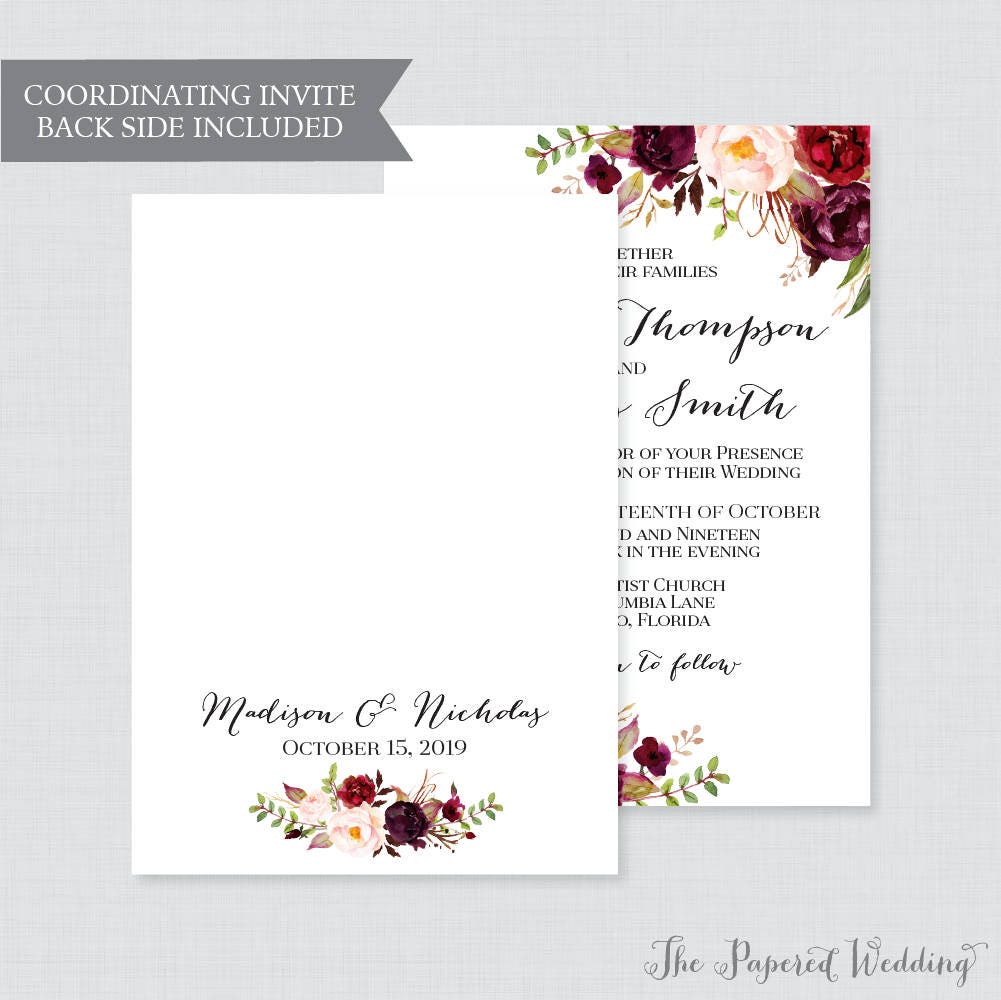 Printable OR Printed Wedding Invitations Marsala and Pink | Etsy
