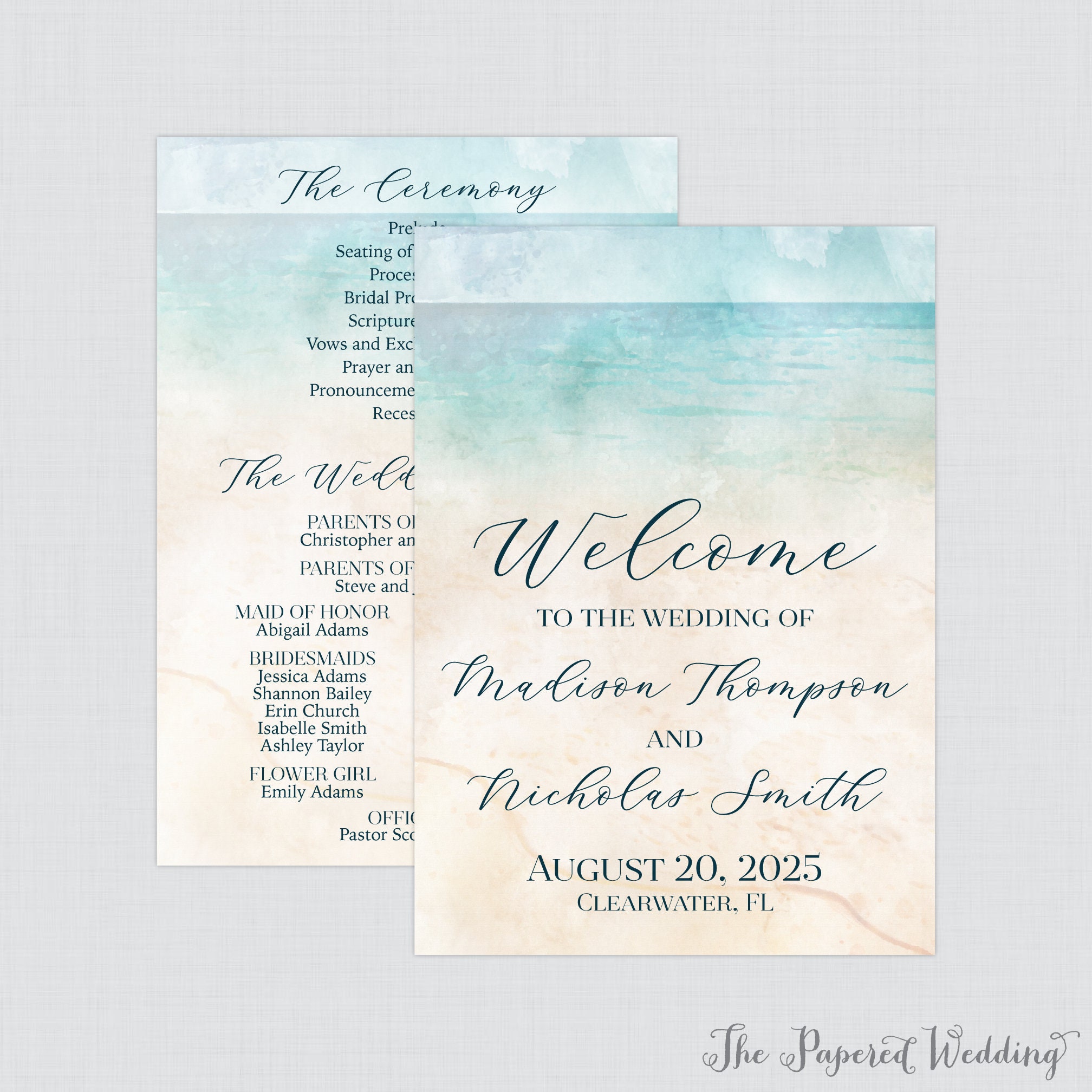 Printable OR Printed Beach Wedding Programs - Watercolor Beach Themed ...