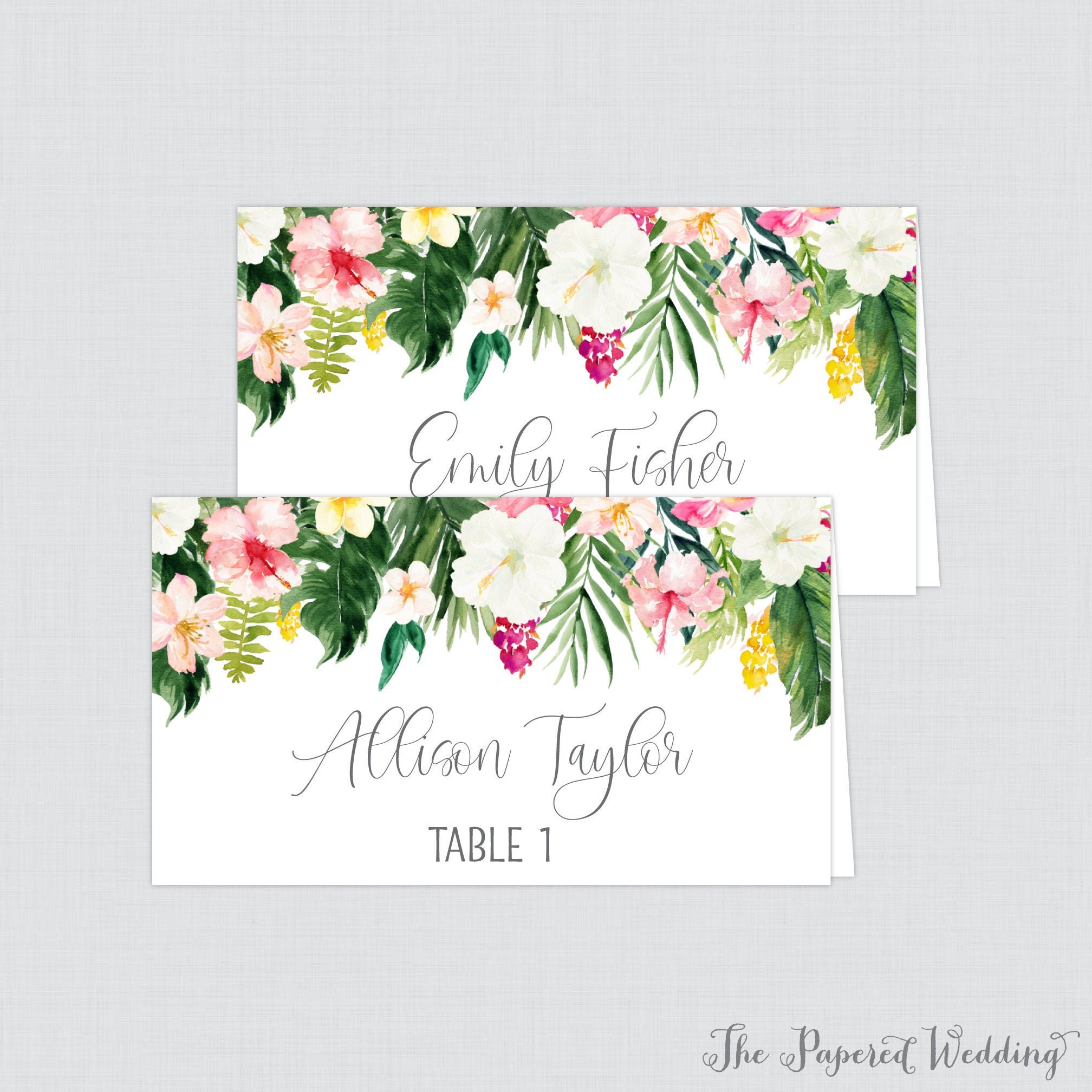 Printed Tropical Wedding Place Cards Hawaiian Floral & Palm Etsy