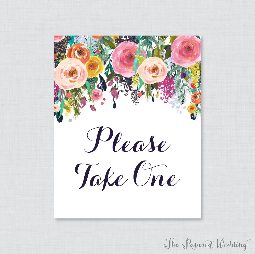 Printable Please Take One Sign - Floral Wedding Sign - Colorful Flower ...