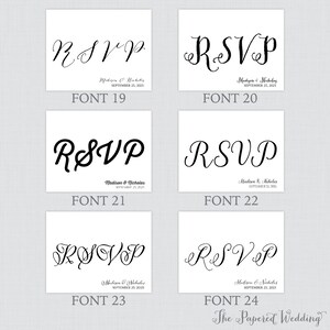 May include: A visual guide to different font styles for RSVP cards. The word "RSVP" is displayed in 10 different fonts, with the font number listed below each example. The text "Madison & Nicholas" and the date "September 25, 2025" are also included in each example.