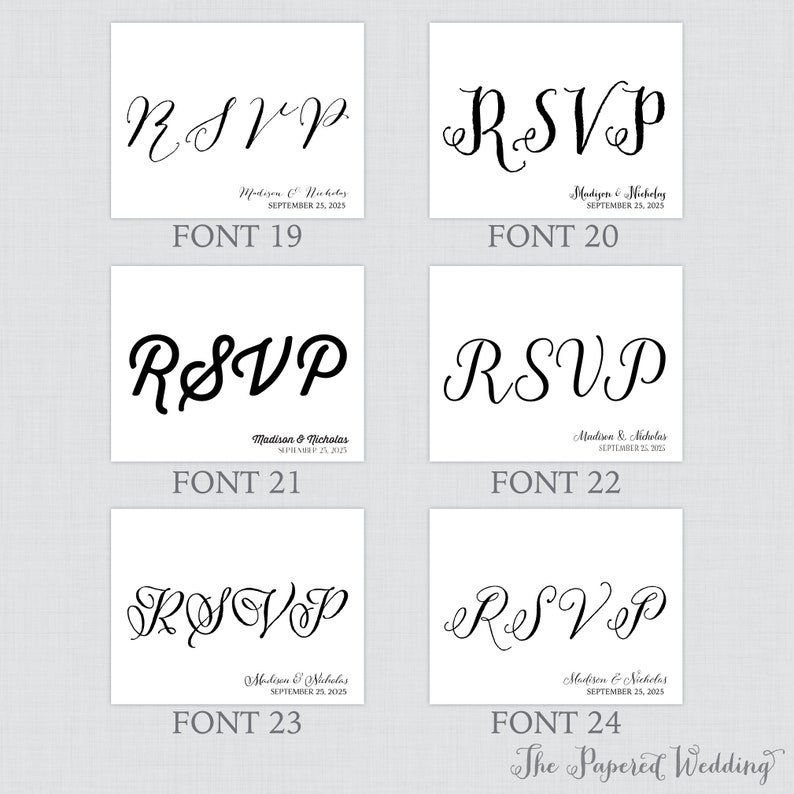 May include: A visual guide to different font styles for RSVP cards. The word "RSVP" is displayed in 10 different fonts, with the font number listed below each example. The text "Madison & Nicholas" and the date "September 25, 2025" are also included in each example.