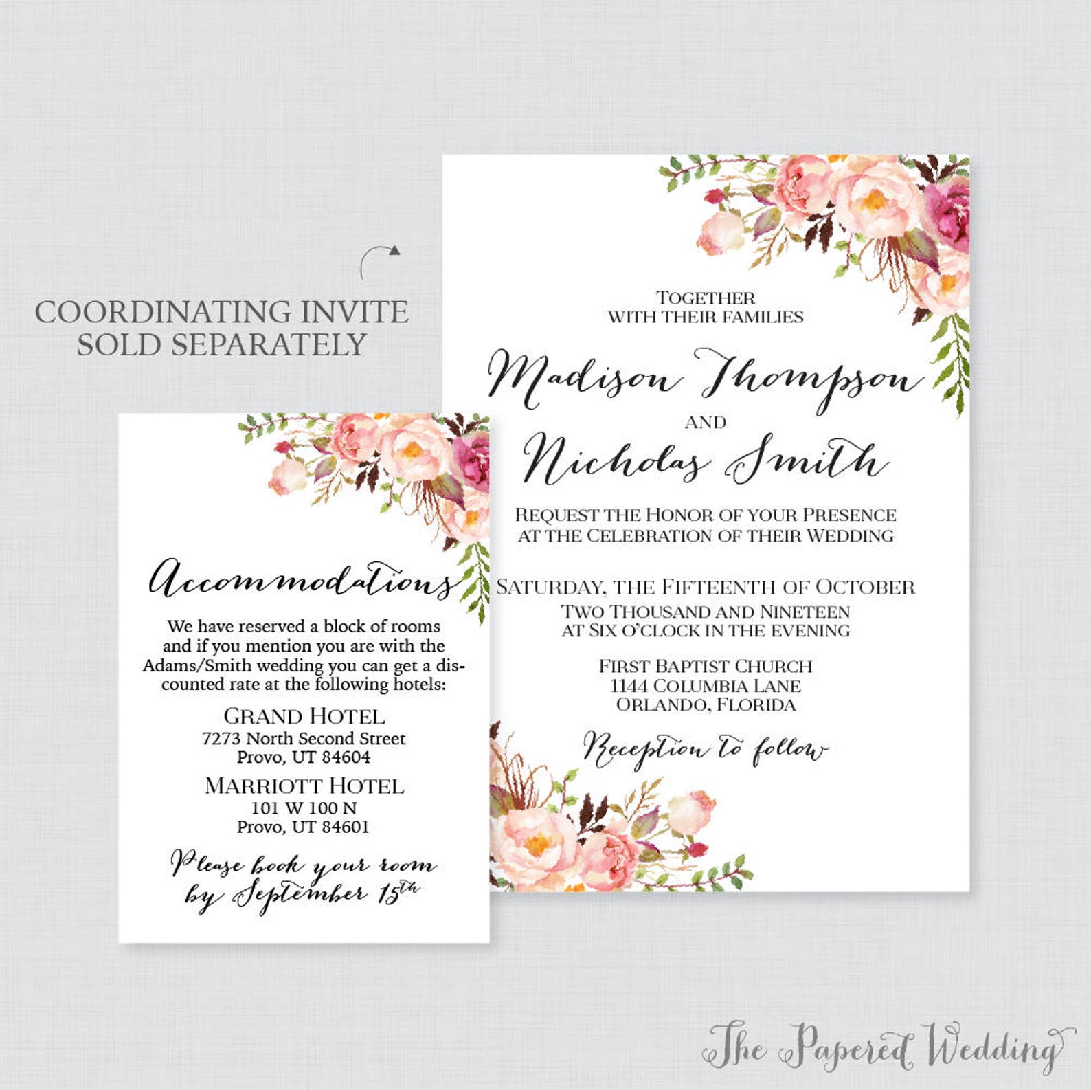 Printable OR Printed Wedding Accommodation Cards Pink Floral | Etsy