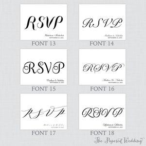 May include: A comparison of different font styles for "RSVP" with the text "Madison & Nicholas" and the date "September 25, 2025" below. The fonts are numbered 13 through 18.