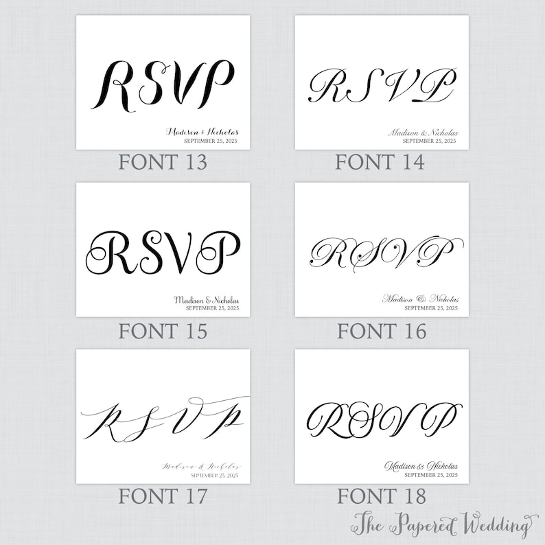 May include: A comparison of different font styles for "RSVP" with the text "Madison & Nicholas" and the date "September 25, 2025" below. The fonts are numbered 13 through 18.