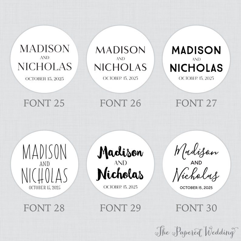 Puede incluir: Seis estilos de fuente diferentes para una invitaci&oacute;n de boda o una tarjeta de guardar la fecha. El texto dice "Madison y Nicholas" con la fecha "15 de octubre de 2025".