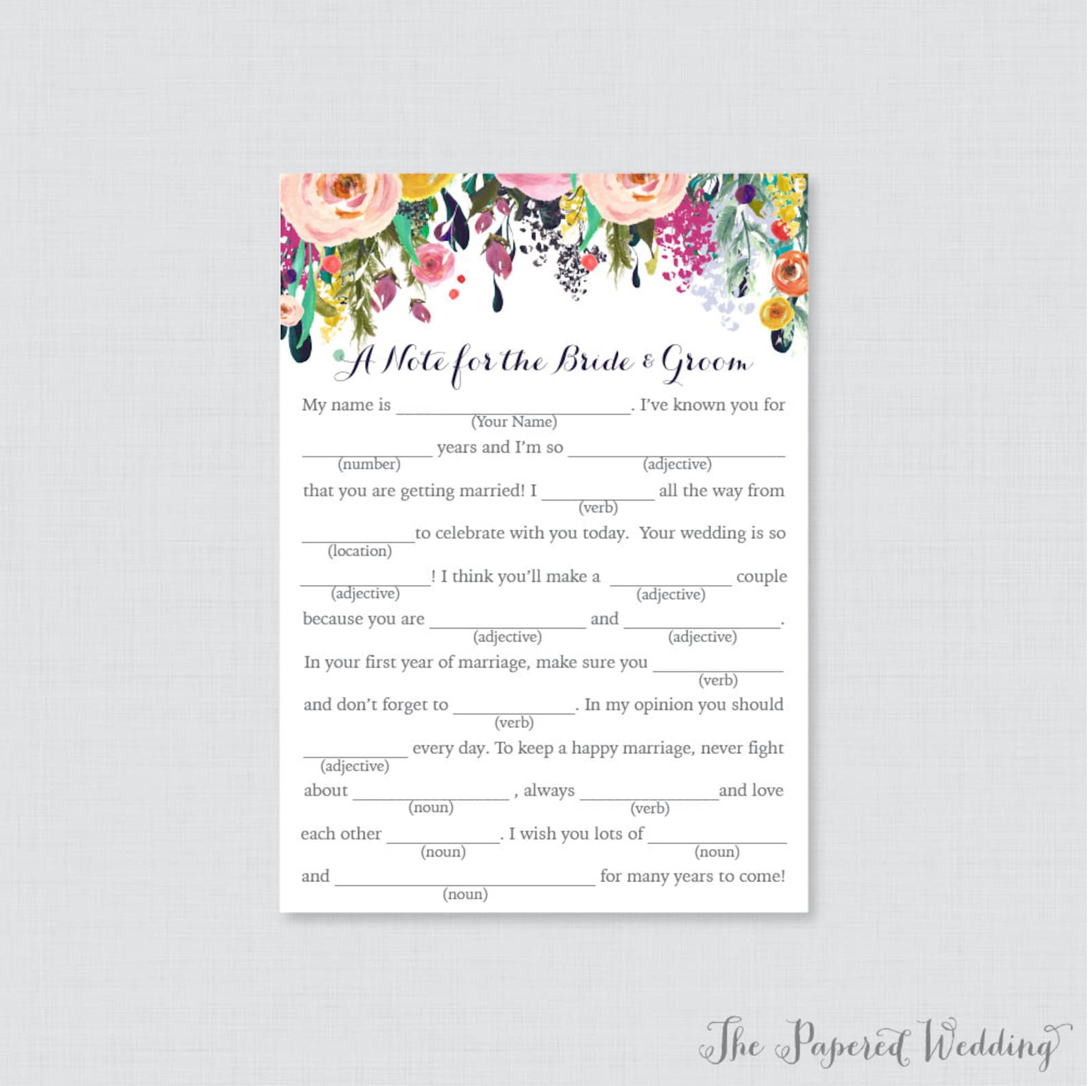 Printable Wedding Mad Libs Floral Wedding Mad Libs Cards for - Etsy