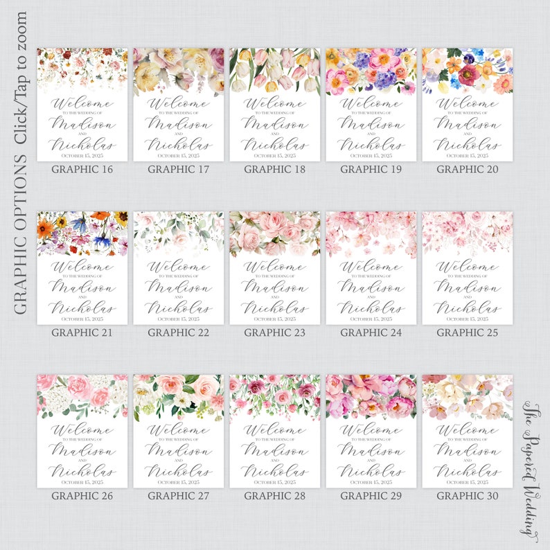 May include: Thirty wedding welcome sign templates featuring floral designs in various colors. The signs feature the text "Welcome to the wedding of Madison and Nicholas" with the wedding date.
