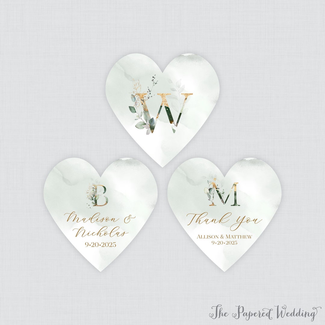 PRINTED Green and Gold Monogram Heart Shaped Stickers With Custom ...