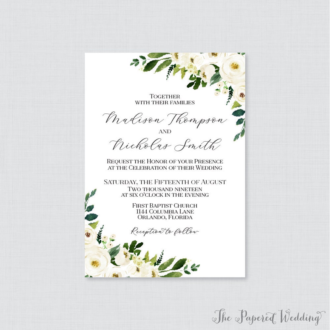 Printable OR Printed Wedding Invitations With White Flowers and ...