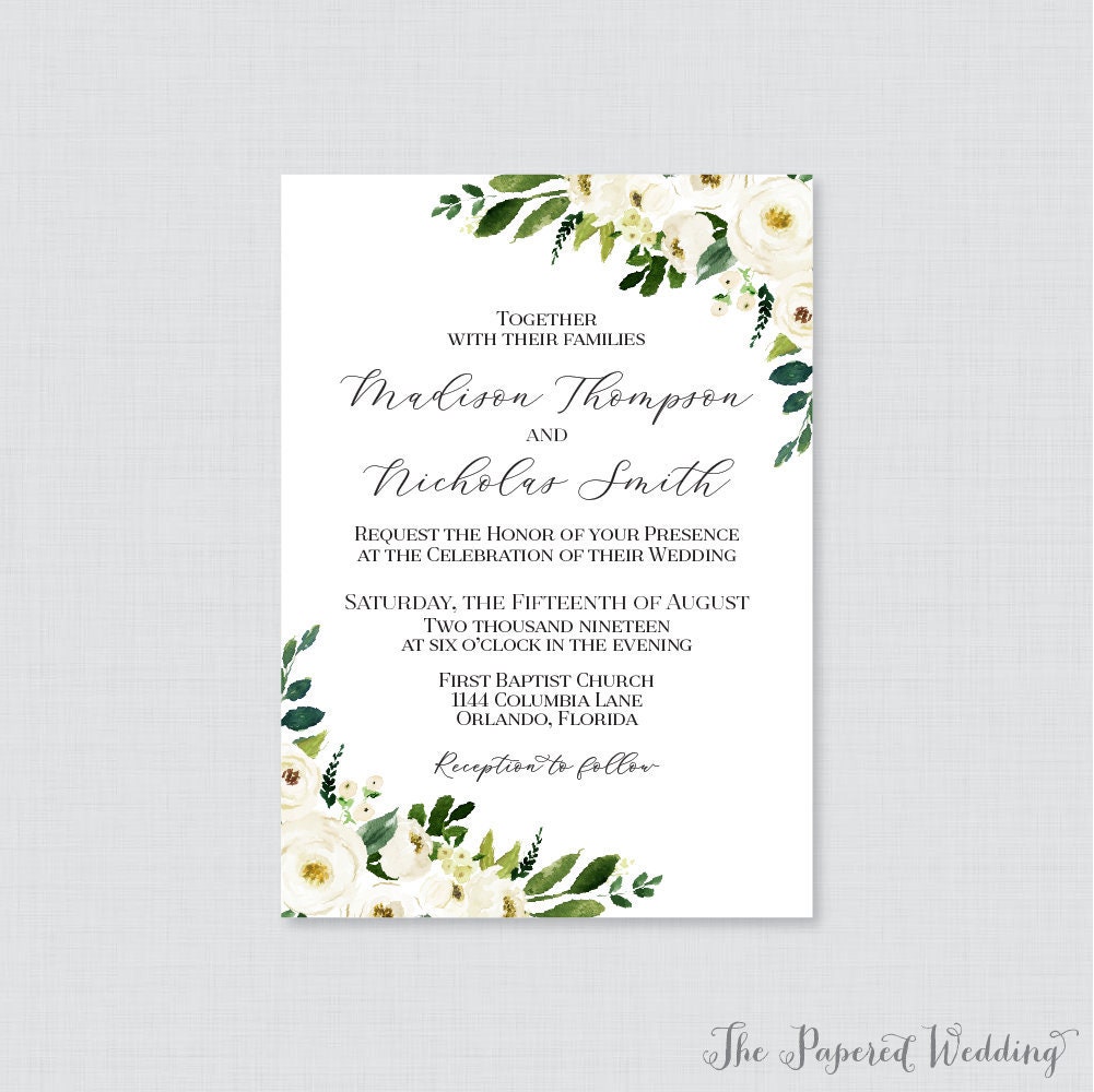 Printable OR Printed Wedding Invitations With White Flowers and