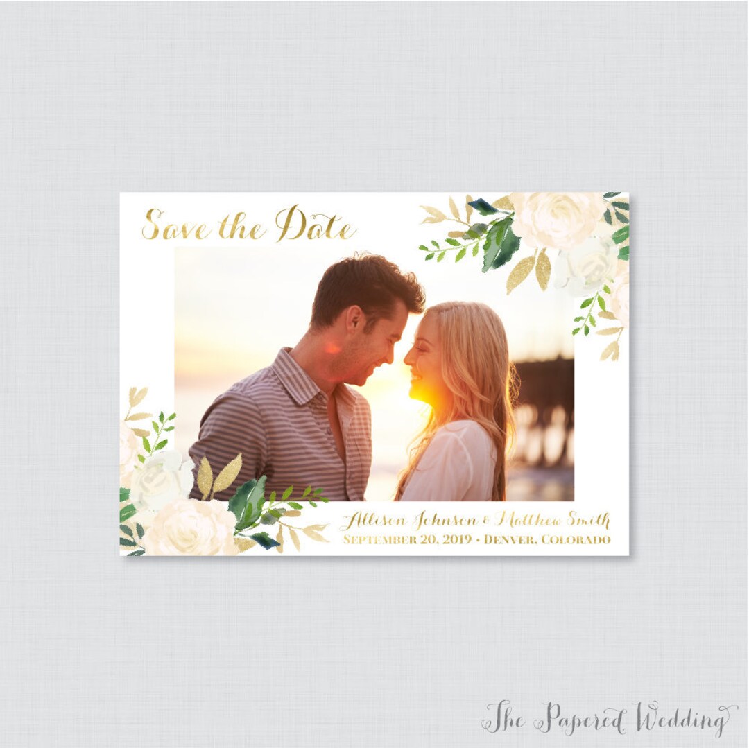 Printable OR Printed Photo Save the Date Cards - Gold Floral Photo Save ...