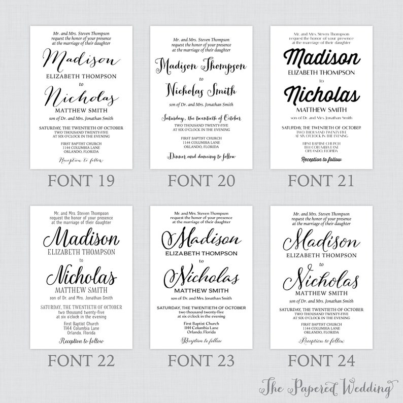 Simple Printable OR Printed Wedding Invitations with Custom Colors and Fonts Custom Wedding Invites with Traditional Layout 0032