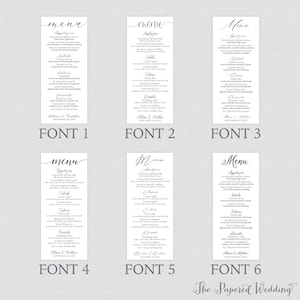 Puede incluir: Seis tarjetas de men&uacute; de boda blancas con diferentes fuentes elegantes. Cada tarjeta enumera aperitivos, ensaladas, platos principales y postres. Los nombres de la pareja y la fecha de la boda est&aacute;n en la parte inferior de cada tarjeta.