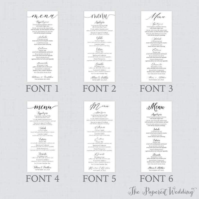 Puede incluir: Seis tarjetas de men&uacute; de boda blancas con diferentes fuentes elegantes. Cada tarjeta enumera aperitivos, ensaladas, platos principales y postres. Los nombres de la pareja y la fecha de la boda est&aacute;n en la parte inferior de cada tarjeta.