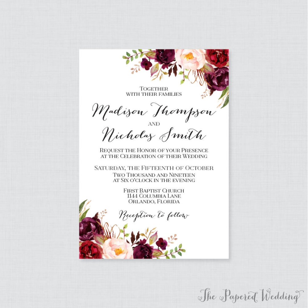 Printable OR Printed Wedding Invitations - Marsala and Pink Floral ...