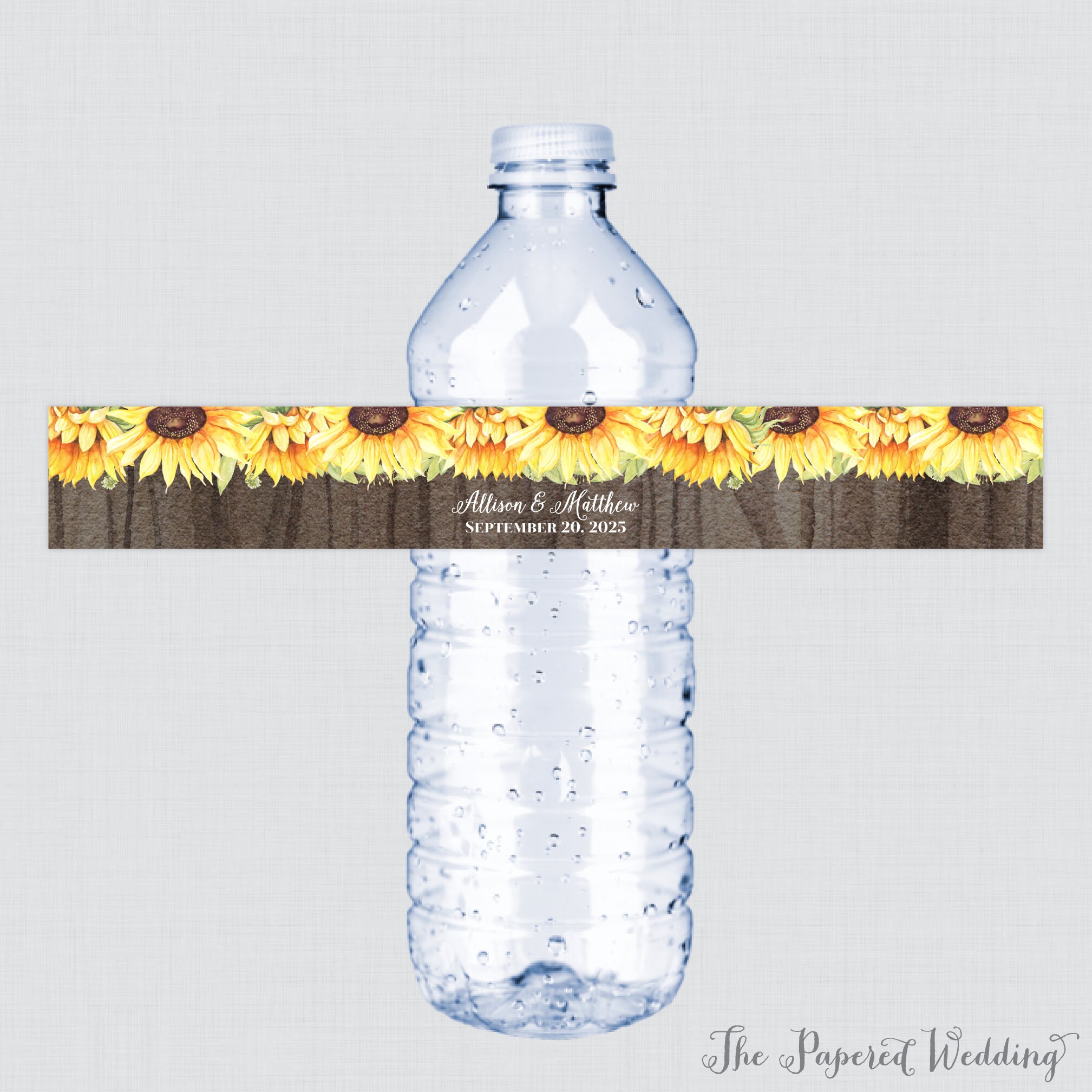Printable OR Printed Sunflower and Wood Wedding Water Bottle | Etsy