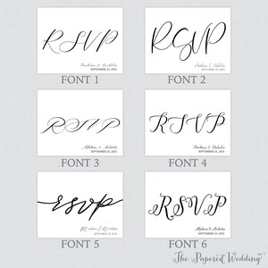 May include: Six different font styles for "RSVP" with the names "Madison & Nicholas" and the date "September 25, 2025" below each style.