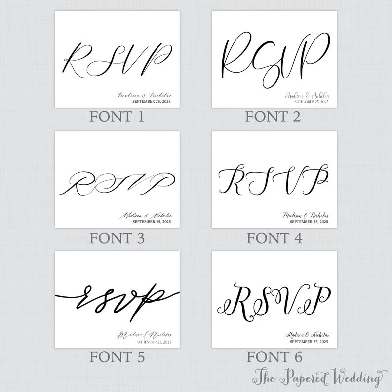 May include: Six different font styles for "RSVP" with the names "Madison & Nicholas" and the date "September 25, 2025" below each style.