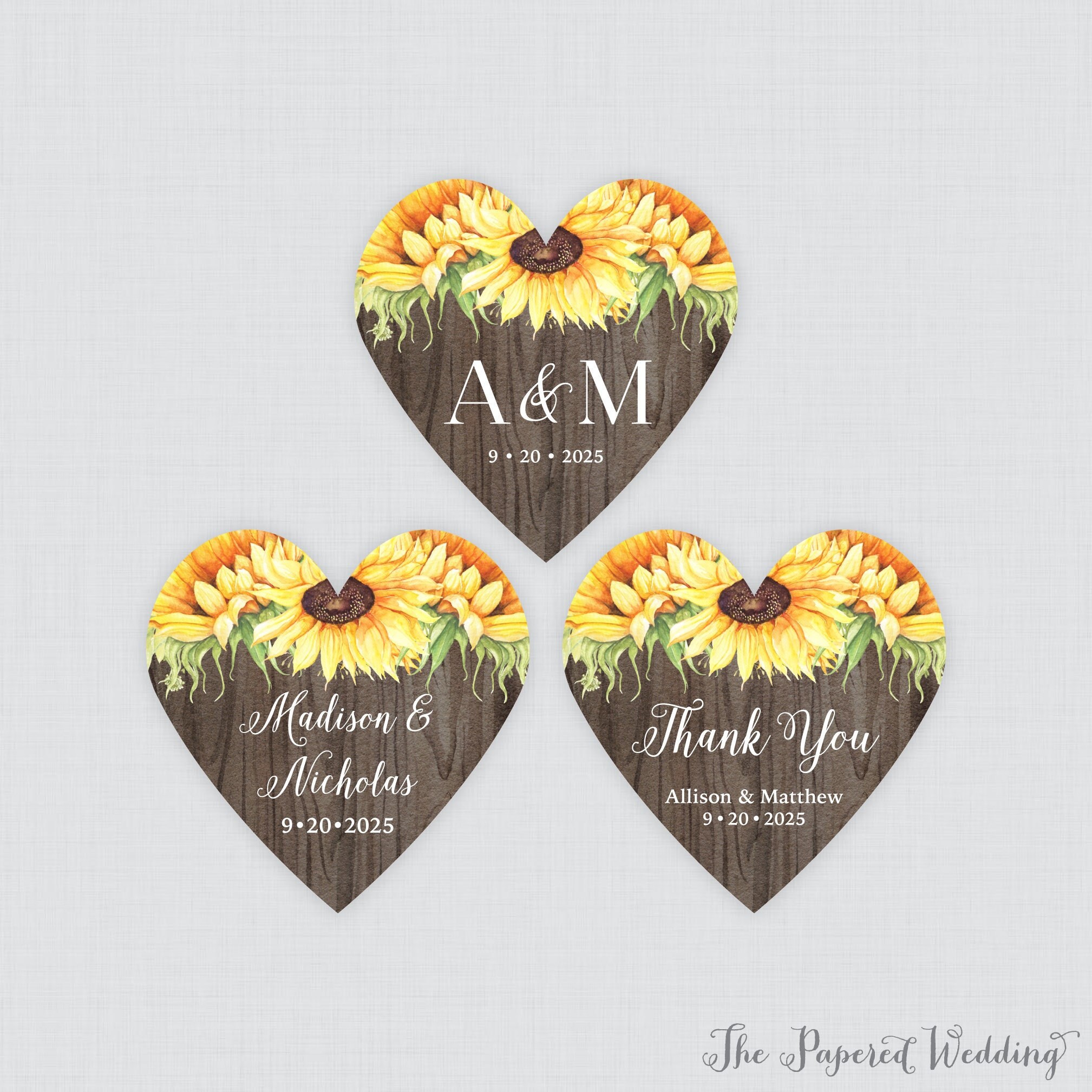 PRINTED Sunflower and Wood Heart Shaped Stickers With Custom