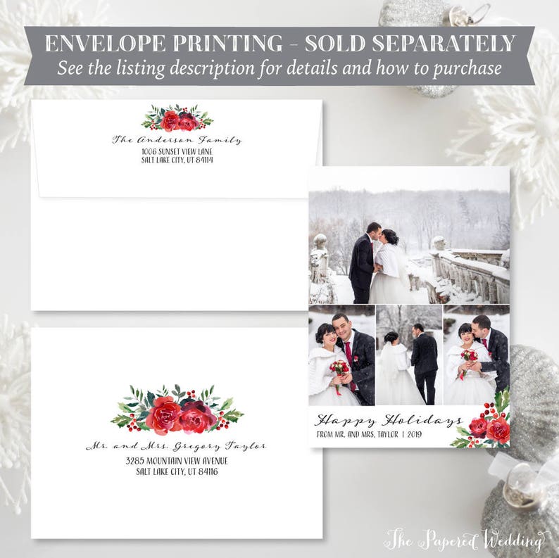 May include: White holiday cards and envelopes with red floral accents. The cards feature wedding photos and the text "Happy Holidays" and names. The envelopes are printed with addresses. The text "ENVELOPE PRINTING - SOLD SEPARATELY" is also visible.