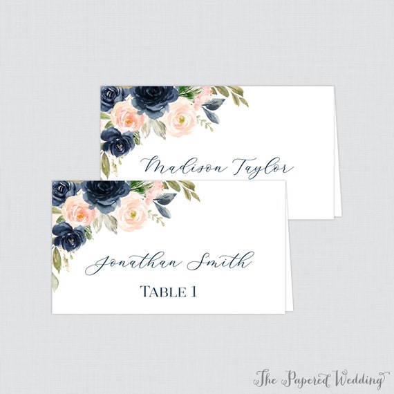 Printed Wedding Place Cards Navy and Pink Floral Wedding Etsy