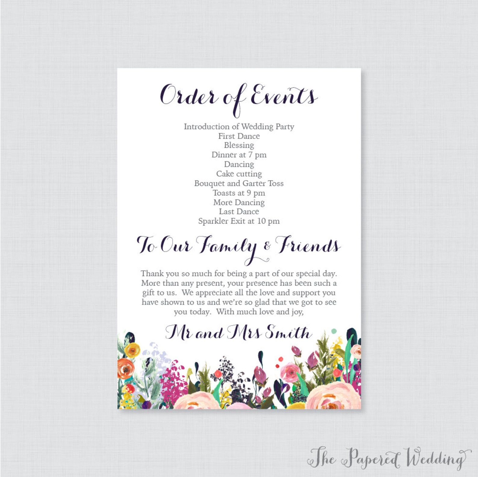 Printable OR Printed Wedding Reception Program - Floral Wedding ...