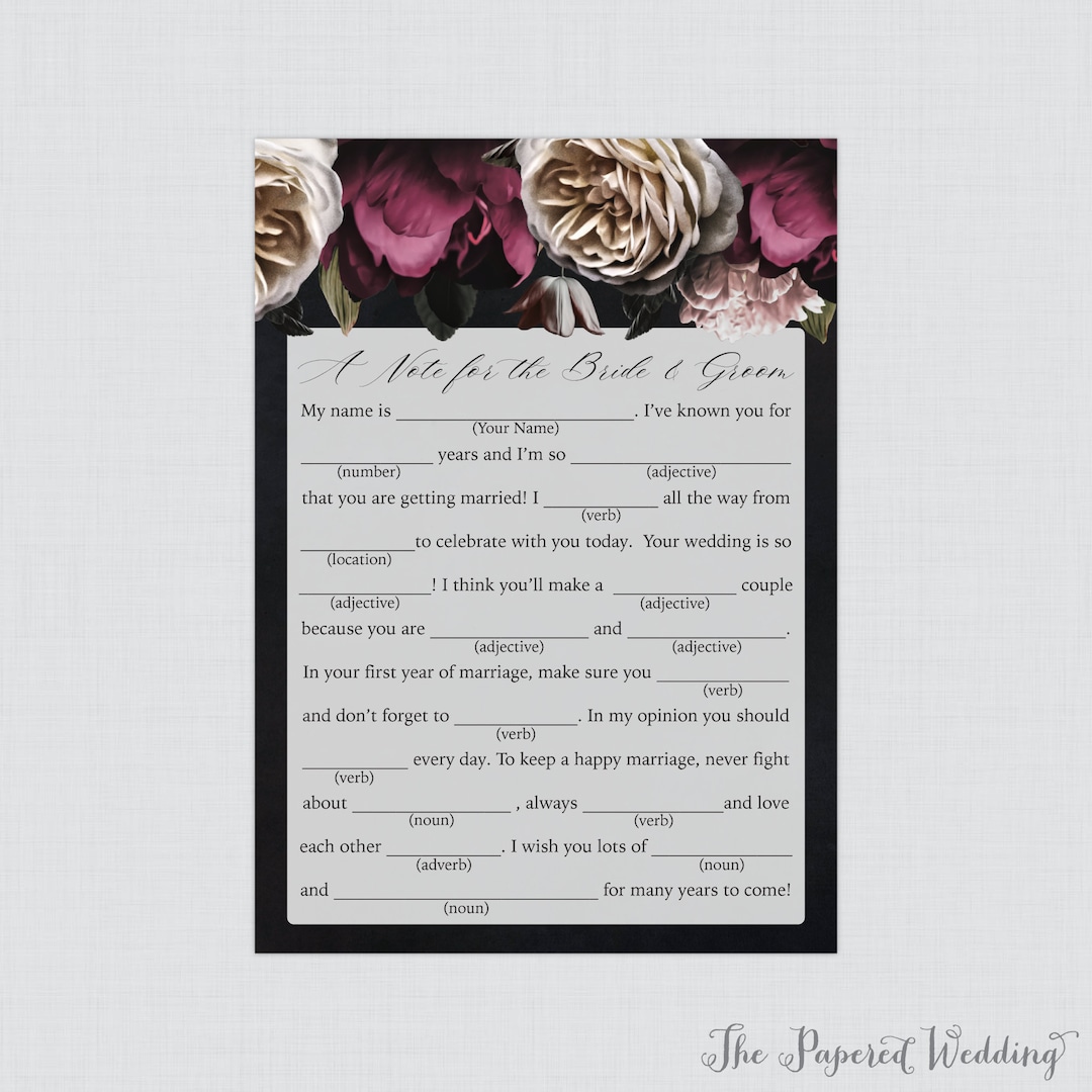 Printable Wedding Mad Libs With Moody Flowers - Dark Burgundy, Pink ...