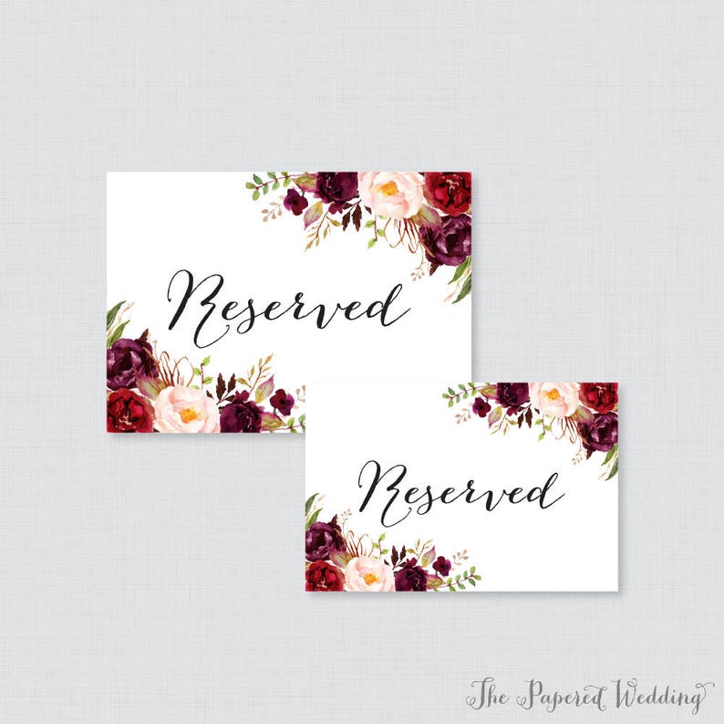 Printable Wedding Reserved Signs Marsala Floral Reserved Seating Sign for Wedding, Instant Download Reserved Table Signs Pink Flowers 0006 image 2