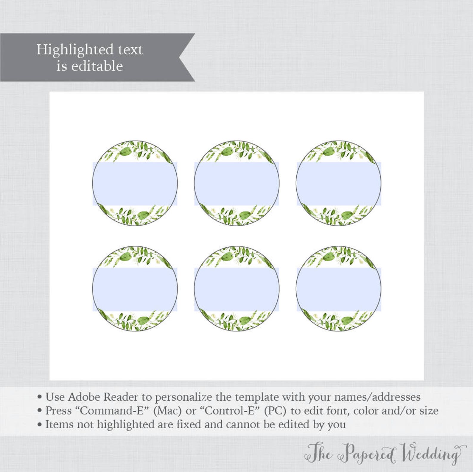 EDITABLE Wedding Circle Tags Printable Green Wedding Labels, Greenery
