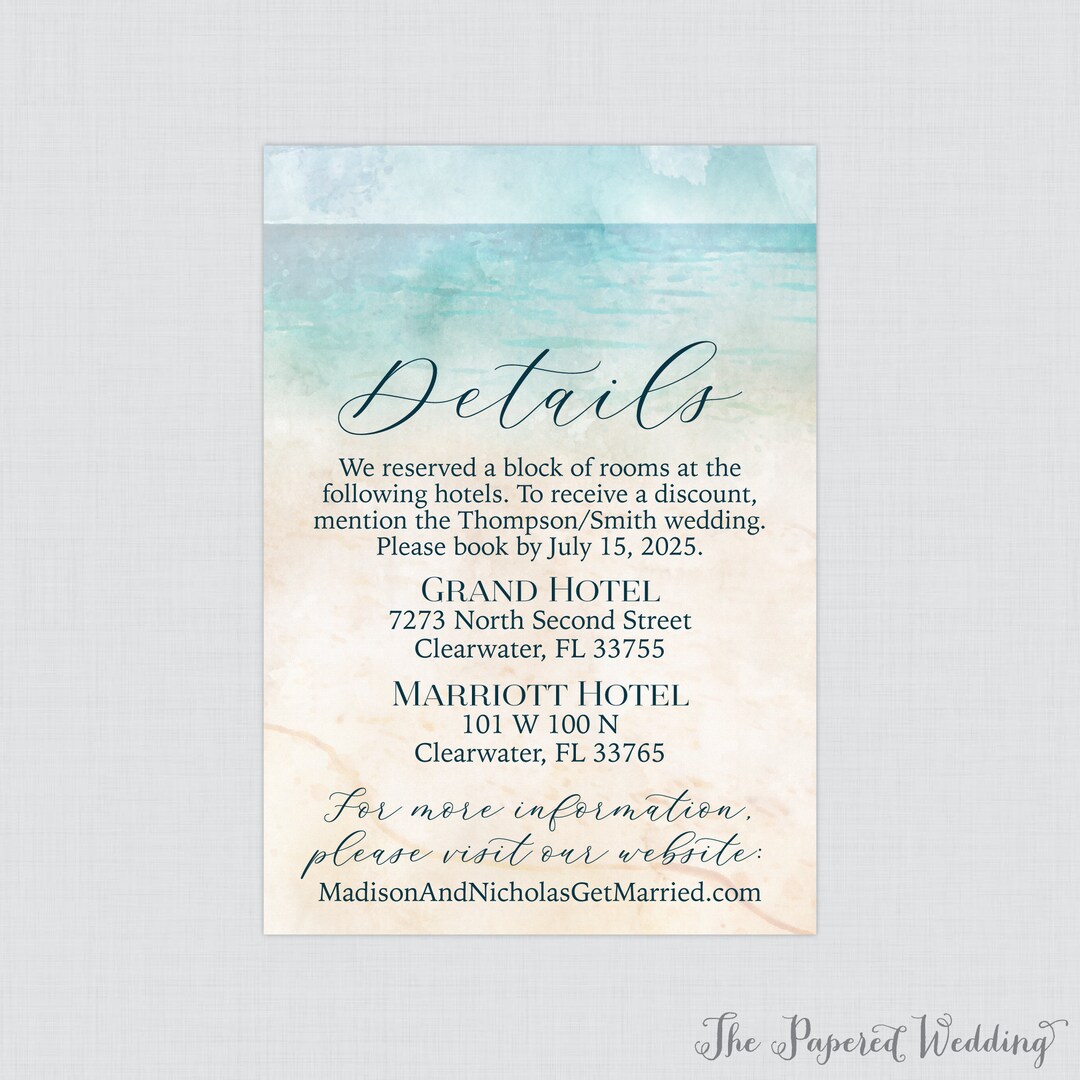 Printable OR Printed Beach Wedding Details Cards - Watercolor Beach ...