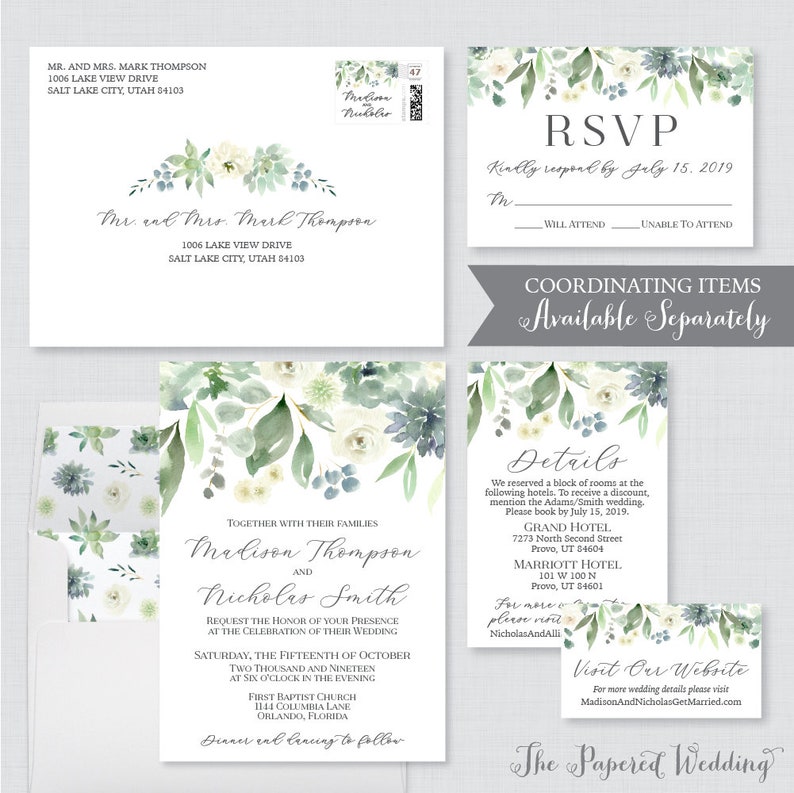 Green Succulent Invitations Greenery White Leaves Wedding 0023 Green Wedding Invites Printable OR Printed Succulent Wedding Invitations