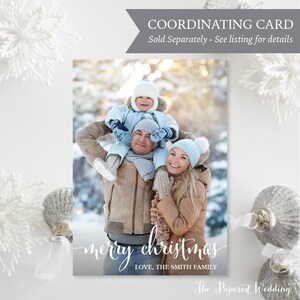 May include: A Christmas card featuring a family in winter attire. The card has the text "merry christmas" in cursive, with "LOVE, THE SMITH FAMILY" below. The top of the card reads "COORDINATING CARD Sold Separately - See listing for details".