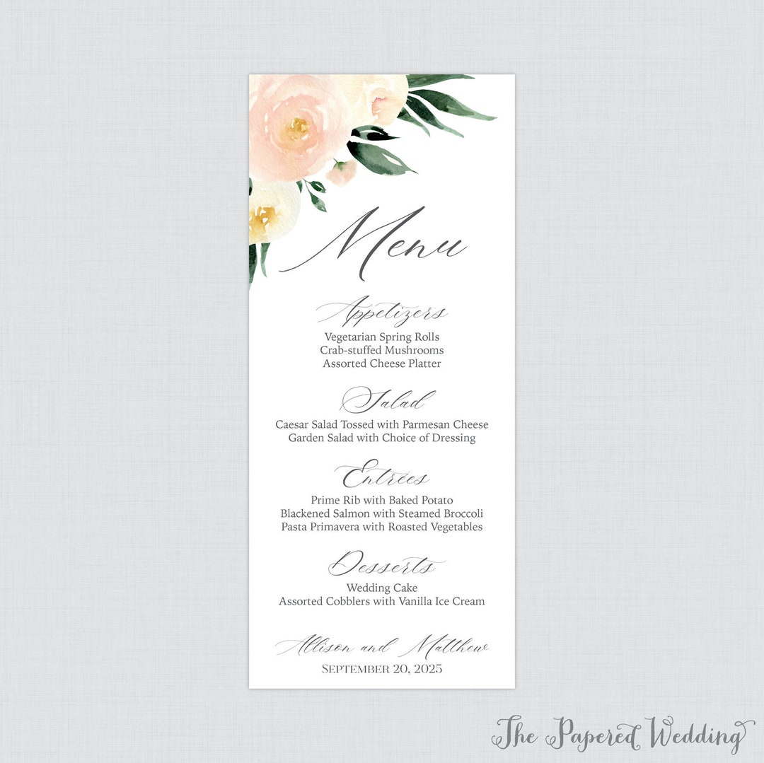 Printable OR Printed Ivory and Blush Pink Flower Menu Cards Pink