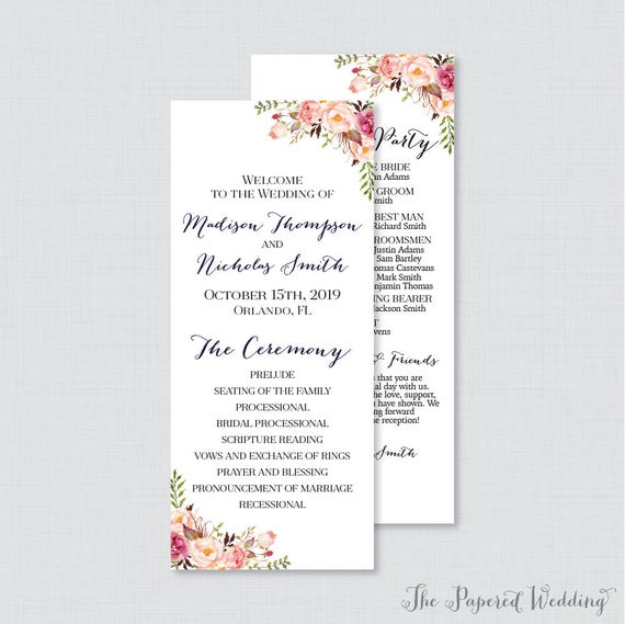 Printable Or Printed Wedding Programs Pink Floral Wedding Etsy