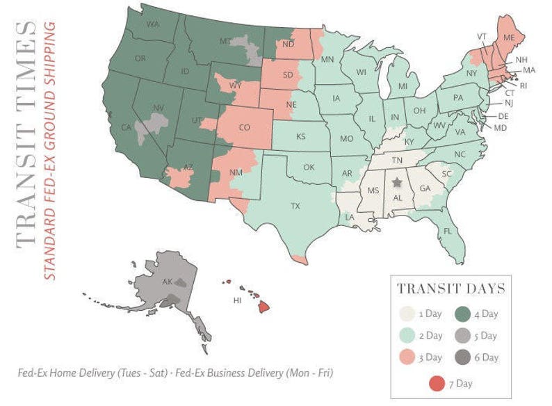 May include: A map of the USA showing transit times for standard Fed-Ex ground shipping, with states colour-coded from 1 to 7 days. The legend is on the bottom right. Text on the left reads "Transit Times Standard Fed-Ex Ground Shipping."