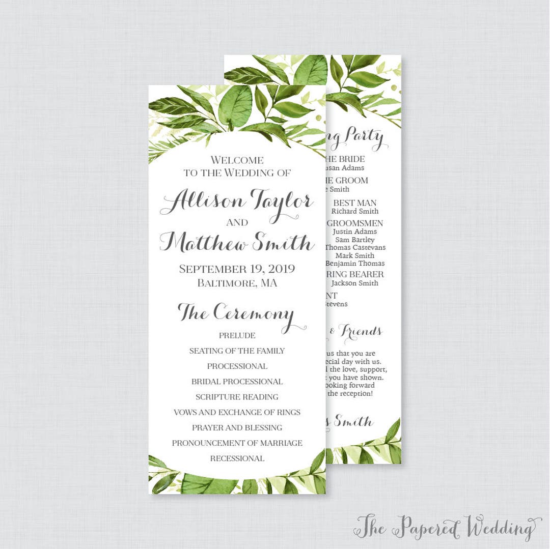 Printable OR Printed Wedding Programs - Green and White Wedding ...