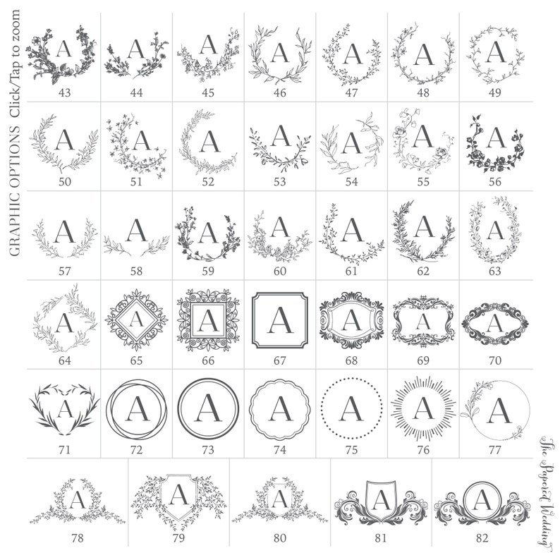 May include: A grid of 82 different monogram designs featuring a variety of styles, including wreaths, frames, and shields. Each design includes the letter "A" in the center.