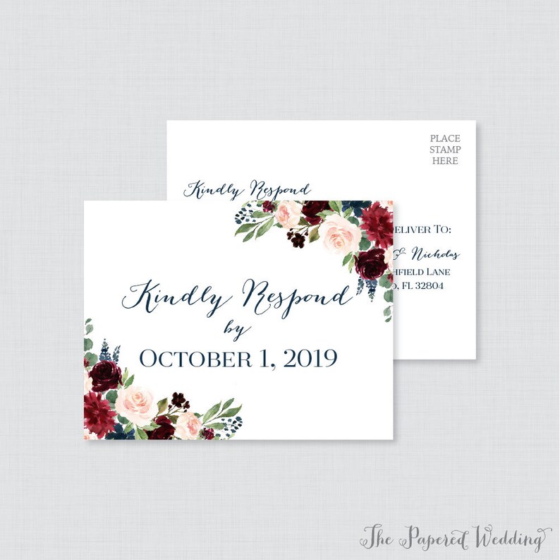 Printable OR Printed Wedding RSVP Postcards Navy and Marsala - Etsy